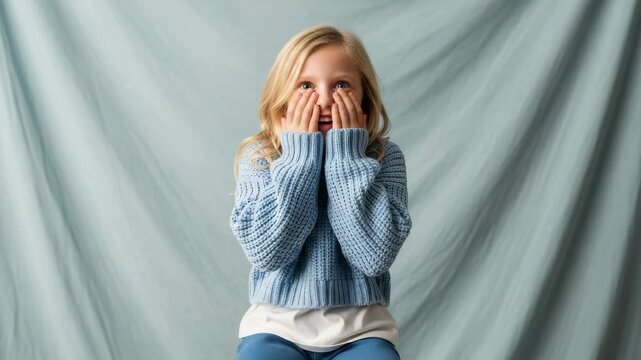 Blonde female child covers her mouth with hands, expressing surprise or a secret. Young girl in a blue sweater looks directly at the camera with wide eyes