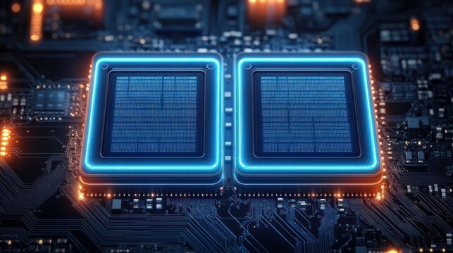 Dual glowing microchips mounted on a circuit board with neon blue edges and orange indicator lights, high-tech futuristic mood