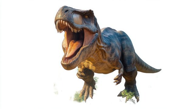 Roaring ferocious predatory dinosaur mid-leap with open jaws showing sharp teeth and tongue, small forearms, muscular scaly body and tail on white background