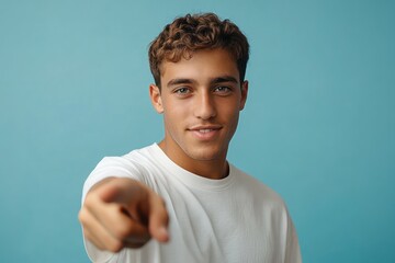 young man in white t-shirt pointing directly at viewer against solid blue background, confident and commanding