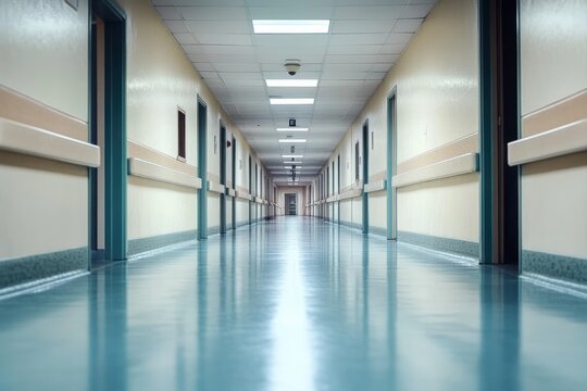 long empty hospital corridor with polished blue floor, handrails and closed doors under fluorescent ceiling lights and surveillance camera, sterile clinical atmosphere and quiet solitude