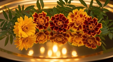 Vibrant marigolds displayed on a reflective golden surface creating a visually stunning floral