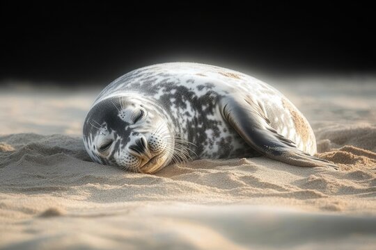 sleeping spotted seal pup curled on sandy beach in soft golden light, peaceful and content