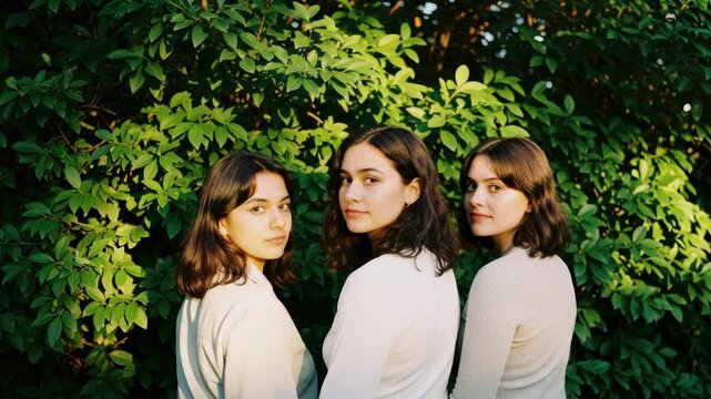 Composite portrait series of a young caucasian female turning to face the camera. Cinematic sequence showing personal growth and connection against a lush green nature background