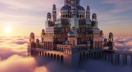 Majestic palace architecture, floating above the clouds at sunset casting a dreamlike sky