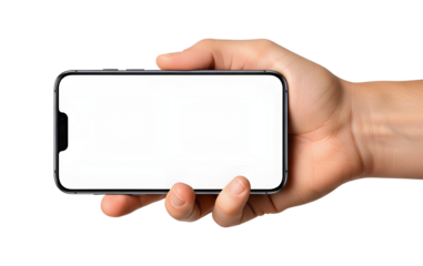 Male hand holding modern mobile phone horizontally with empty screen display mockup. isolated PNG with Transparent Background