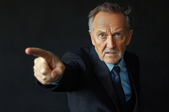 businessman in dark suit pointing directly at viewer with commanding accusatory gesture and intense posture against black background