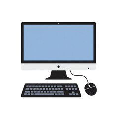 Modern flat design illustration of a desktop computer setup with a monitor, keyboard, and wired mouse.