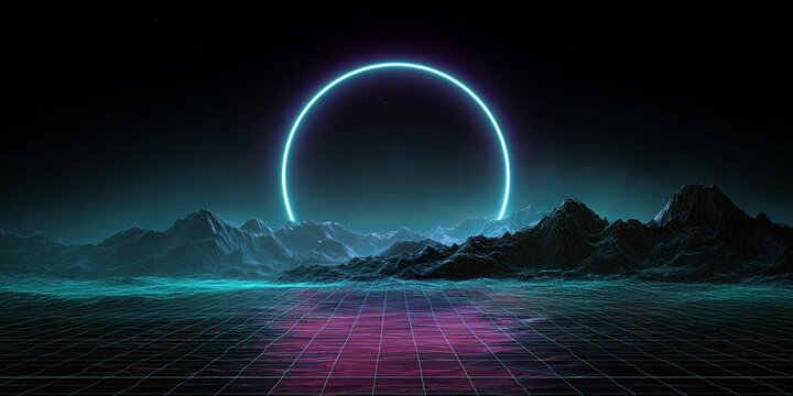 Abstract digital landscape with glowing neon circle over futuristic mountain range and grid floor in deep space, vibrant futuristic design concept - Powered by Adobe