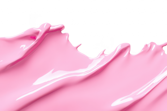 A vibrant. flowing wave of glossy pink paint against a clean white background. the texture and sheen. ideal for creative projects. design elements. or artistic presentations