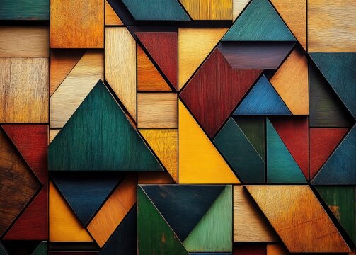 Colorful wooden geometric mosaic of triangles, rectangles and squares with layered textured blocks, warm vibrant and playful abstract composition