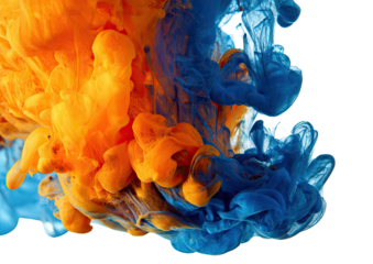 Ink swirls orange and blue collide against black