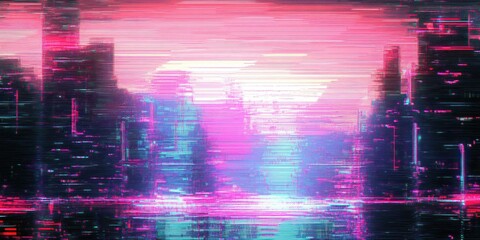 glitched neon city skyline at sunset reflected on water with horizontal digital distortion, dreamy retro-futuristic glow and melancholic atmosphere