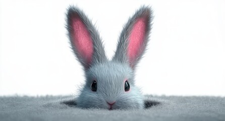 Fototapeta premium fluffy white bunny with pink ears peeking out of a soft hole, curious wide-eyed and adorable