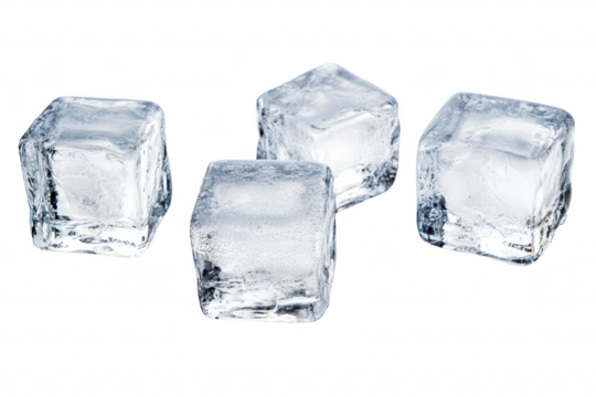 A close-up view of four clear ice cubes arranged on a reflective surface. their pristine texture and clarity. perfect for beverage presentations and culinary use