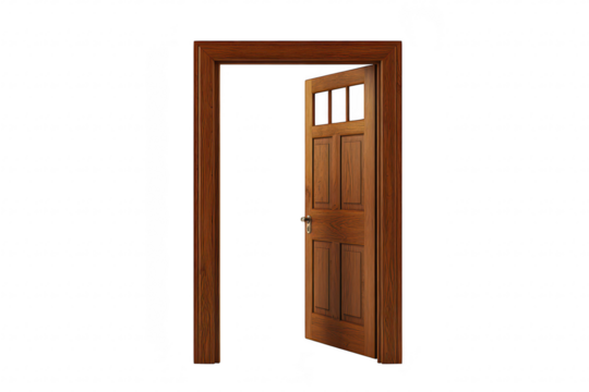 A beautifully crafted wooden door slightly ajar within a minimalist white space. suggesting an inviting entryway that enhances interior design aesthetics