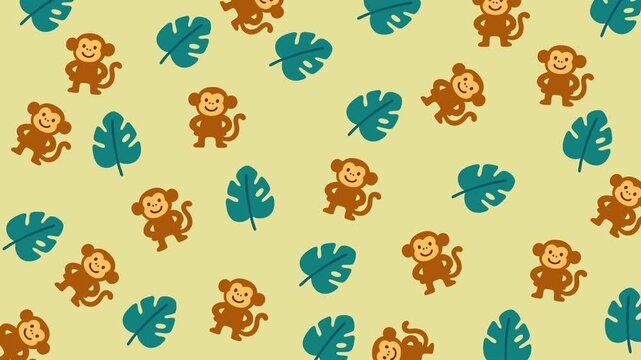 Monkey doodle drawings create a playful scattering of monkeys and leaves on light backgrounds.
