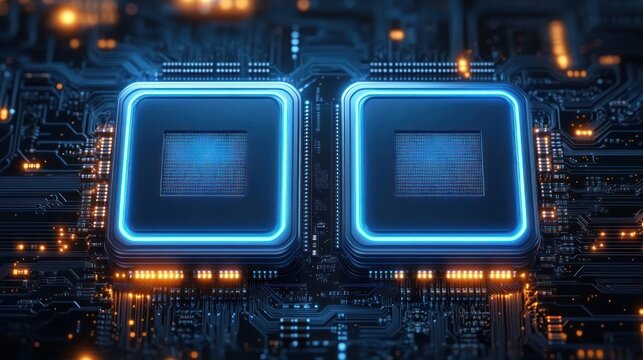 two glowing blue microchips on a detailed circuit board with orange indicator lights, conveying high-tech precision and futuristic digital power