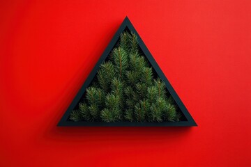 Triangular black frame filled with lush green pine branches mounted on a vibrant red wall, minimalist seasonal display evoking modern festive warmth