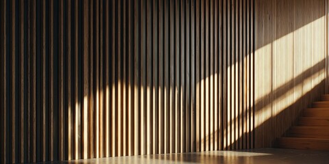 Textured wooden wall with vertical grooves, natural light casting shadows, minimalist interior design element, warm tones in modern architecture style