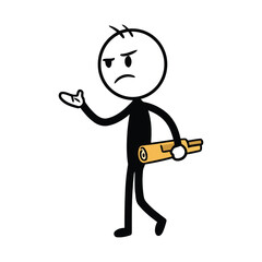 Frustrated Stick Figure Carrying a Rolled-Up Document, Gesturing Angrily