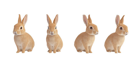 Fototapeta premium A charming arrangement of four realistic rabbits sitting side by side. their soft fur and attentive expressions against a clean. white background. ideal for nature-themed projects