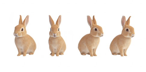 A charming arrangement of four realistic rabbits sitting side by side. their soft fur and attentive expressions against a clean. white background. ideal for nature-themed projects