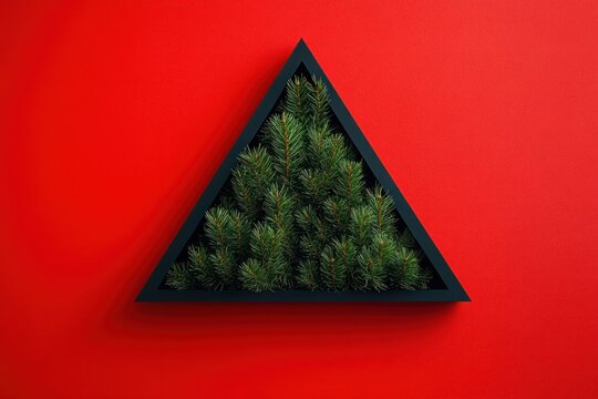Triangular black frame filled with lush green pine branches mounted on a vibrant red wall, minimalist seasonal display evoking modern festive warmth