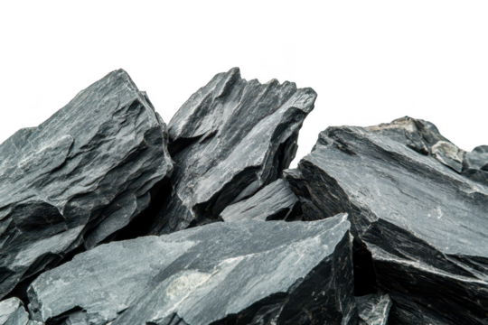 Close-up view of jagged slate rock formations varying shades of gray. set against a neutral background. ideal for nature-themed projects or geological studies