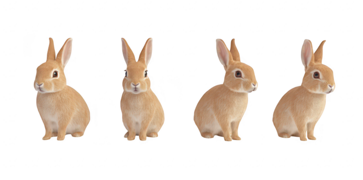 A charming arrangement of four realistic rabbits sitting side by side. their soft fur and attentive expressions against a clean. white background. ideal for nature-themed projects