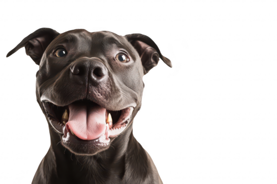 A joyful black dog with a big smile and bright eyes. positioned against a clean white background. its friendly demeanor and inviting expression. perfect for pet-related content