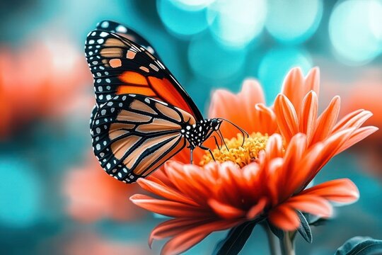Delicate orange and black butterfly feeding on a vibrant orange daisy-like flower with dreamy teal bokeh background, peaceful and vibrant close-up