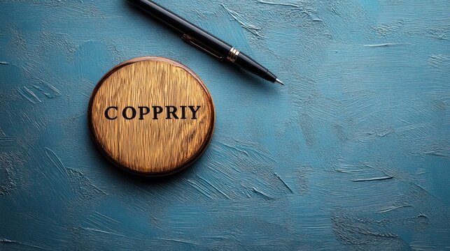 round wooden disk stamped with the word coppriy beside a black pen with gold trim on a textured blue painted surface, conveying professionalism and authority