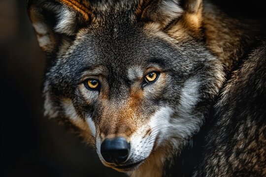 close-up portrait of a wolf face with piercing amber eyes, thick detailed fur, wet black nose and alert intense gaze against a dark background, wild majestic expression