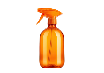 Orange spray bottle. Plain, rounded shape. Black background