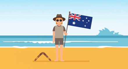 Celebrating Australia Day on the beach with flag, sun, and iconic boomerang