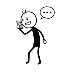 Stick figure man happily texting on his smartphone, simple cartoon illustration of mobile communication