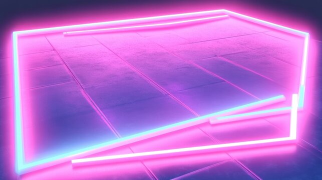pink and cyan neon polygonal frame of glowing tubes on reflective tiled floor with dark background, creating a vibrant futuristic and retro atmosphere