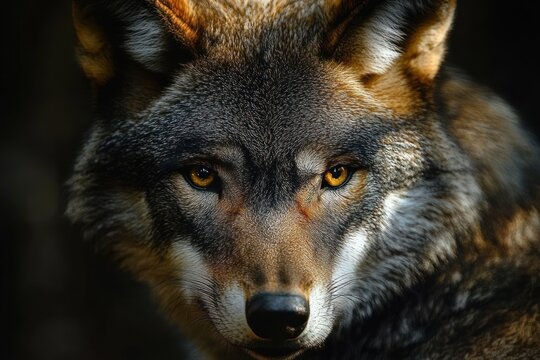 close-up portrait of a wolf with intense amber eyes and alert focused expression, rich textured fur and dramatic dark background