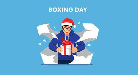 Festive Boxing Day cheer joyful man with gift, a celebration of holiday savings
