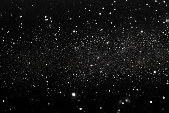 black background filled with scattered glowing white particles and soft bokeh, denser horizontal band like a starfield evoking wonder and quiet serenity