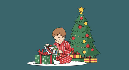 Joyful boy opens Christmas presents under tree, holiday spirit and excitement