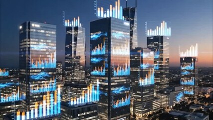 Dynamic cityscape at night with illuminated digital charts and graphs on skyscrapers, representing global financial markets, data analytics, and the future of urban business technology - Powered by Adobe