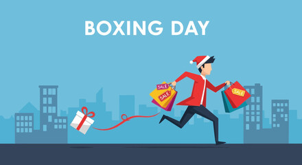 Excited shopper running with Boxing Day sale bags, holiday savings event