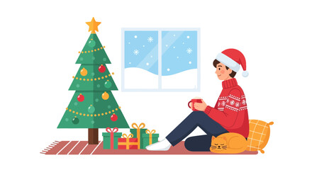 Cozy Christmas bliss, man relaxes by decorated tree with cat and warm drink