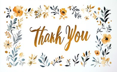Obraz premium elegant gold script reading thank you centered on white background with hand painted watercolor floral and leafy border in warm yellow and teal conveying gratitude and warmth