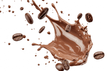 A dynamic splash of rich chocolate with coffee beans soaring through the air. creating an energetic scene that highlights the delicious fusion of flavors. perfect for culinary promotions