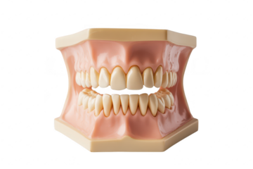 A detailed dental model a realistic representation of human teeth and gums. used for educational purposes in a clinical or classroom setting. with a plain background