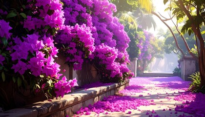 A sunlit path is lined with bright magenta bougainvillea flowers cascading down walls, blanketing the pathway