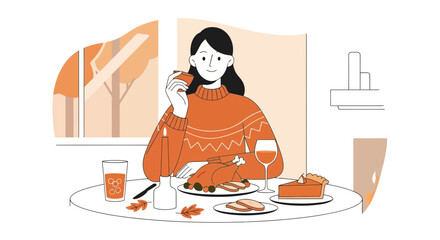 Cozy autumn meal with turkey and pie evokes warmth and togetherness feeling